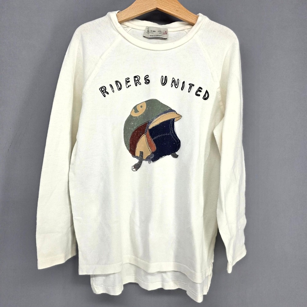 Zara Kids Graphic Long Sleeve Shirt 8 White Riders United Helmet Raglan Tee